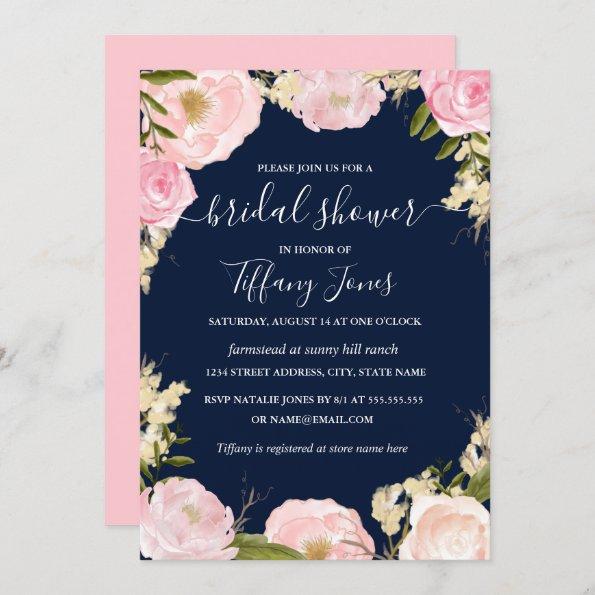 Pink Blush Navy Floral Bridal Shower Invitations