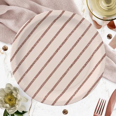 Pink Blush Rose Gold Glitter Stripe Pattern Paper Plates