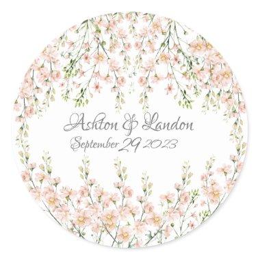Pink Blush Wildflowers Elegant Floral Name Date Classic Round Sticker