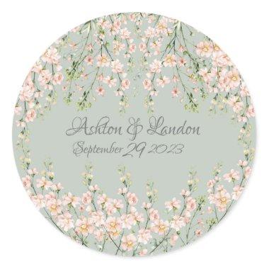 Pink Blush Wildflowers Sage Green Elegant Floral Classic Round Sticker
