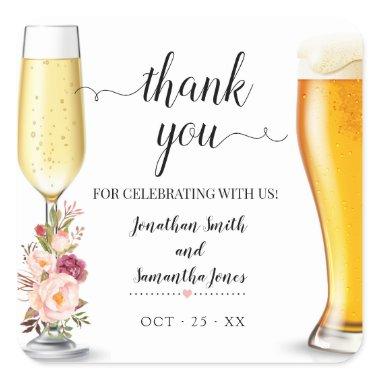 Pink boho chic bubbles and brews Thank you wedding Square Sticker