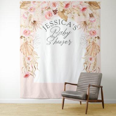 pink Boho Floral Pampass Baby Girl Shower Backdrop