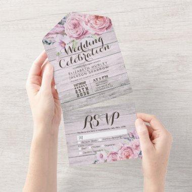 Pink Boho Flowers Feather Rustic Wood Wedding RSVP All In One Invitations