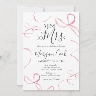 Pink bow Bridal Shower Invitations, miss to mrs Invitations