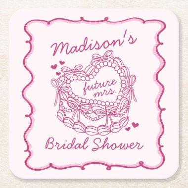 Pink Bow Retro Heart Coquette Cake  Square Paper Coaster