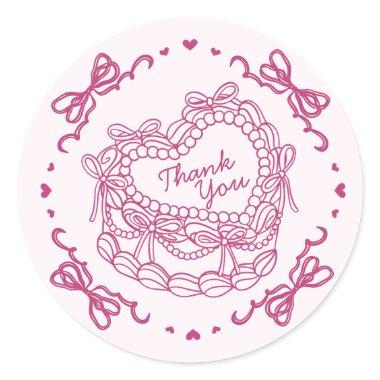 Pink Bow Retro Heart Coquette Cake Thank You Classic Round Sticker