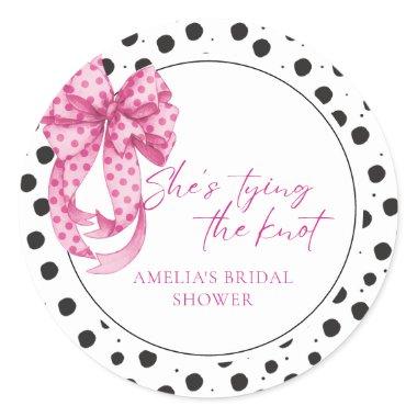 Pink bow She's Tying the Knot  Classic Round Sticker