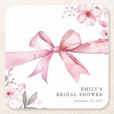 Pink Bow Tying the Knot  Square Paper Coaster