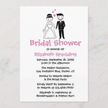 Pink Bridal Shower Cartoon Bride & Groom Wedding Invitations
