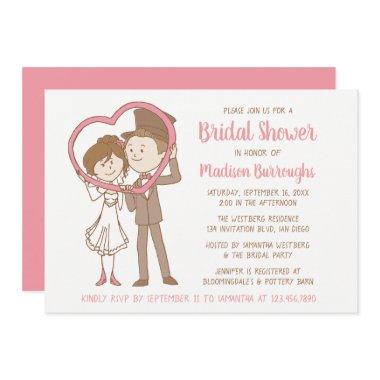 Pink Bridal Shower Cartoon Brown Bride Groom Heart Invitations