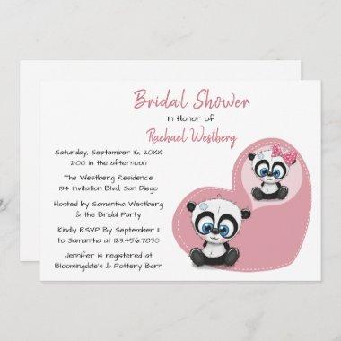 Pink Bridal Shower Panda Teddy Bear Heart Wedding Invitations