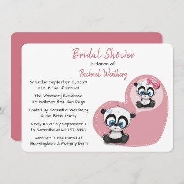 Pink Bridal Shower Panda Teddy Bear Heart Wedding Invitations