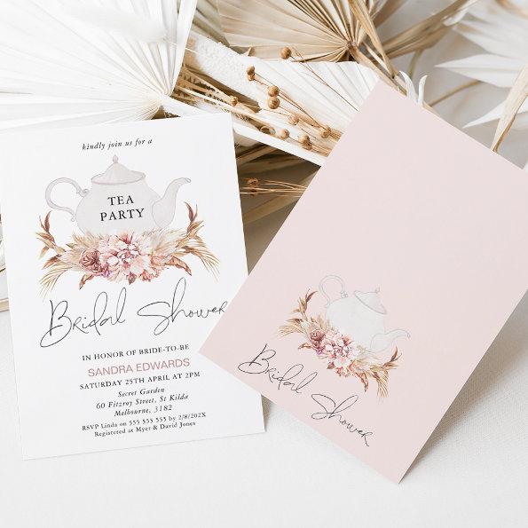 Pink Brown Boho Floral Tea Party Bridal Shower Invitations