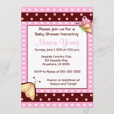 Pink Brown Dot Butterfly Baby Shower Invitations