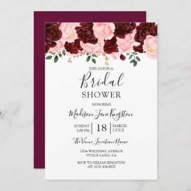 Pink & Burgundy Flowers Bridal Shower Invitations