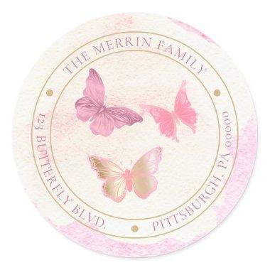 Pink Butterflies Circle Return Address Classic Round Sticker