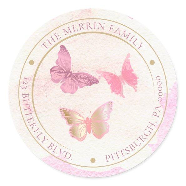 Pink Butterflies Circle Return Address Classic Round Sticker