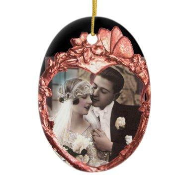 PINK BUTTERFLY AND FLOWERS HEART PHOTO TEMPLATE CERAMIC ORNAMENT