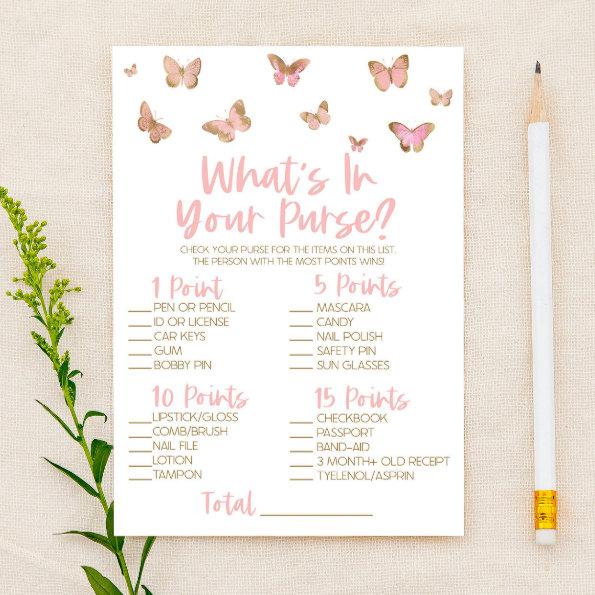 Pink Butterfly What's In Purse Bridal Shower Game Stationery
