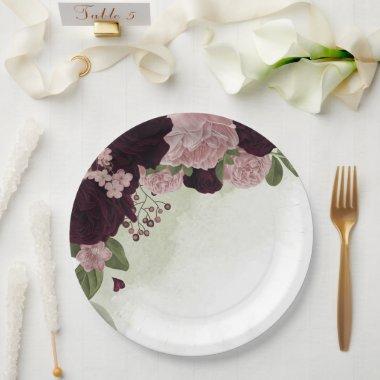 pink & cabernet flowers greenery paper plates