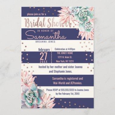 Pink Cactus Navy Stripes Rose Gold Bridal Shower Invitations