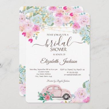 Pink Car Lights Chic Roses Bridal Shower Invitations