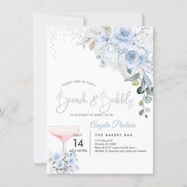 Pink Champage Brunch Bubbly Dusty Blue Roses Invitations