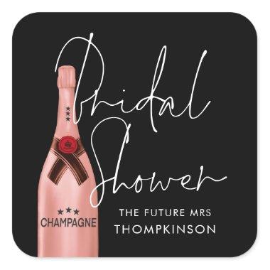Pink Champagne Future Mrs Name Black Bridal Shower Square Sticker