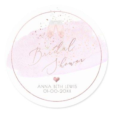 Pink Champagne Glasses, Watercolor Bridal Shower Classic Round Sticker