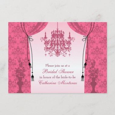 Pink Chandelier and Damask Curtains Bridal Shower Invitations