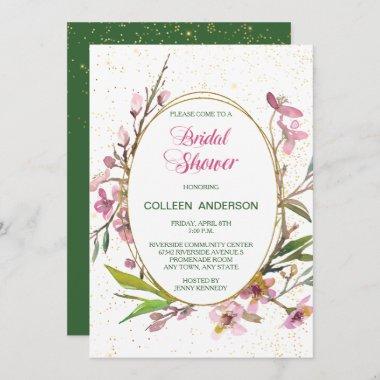 Pink Cherry Blossom Gold Frame Bridal Shower Invitations