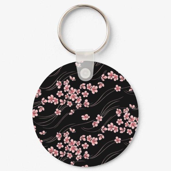 Pink Cherry Blossoms on Black Keychain