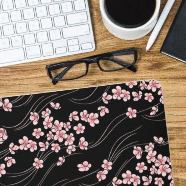 Pink Cherry Blossoms on Black Mouse Pad