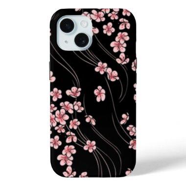 Pink Cherry Blossoms on Black Mouse Pad iPhone 15 Case