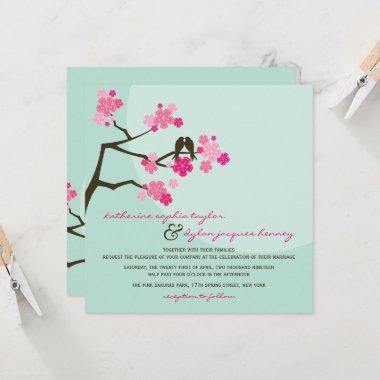 Pink Cherry Blossoms Sakura Love Birds Wedding Invitations