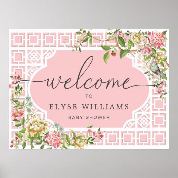 Pink Chinoiserie Floral Baby Shower Welcome Sign