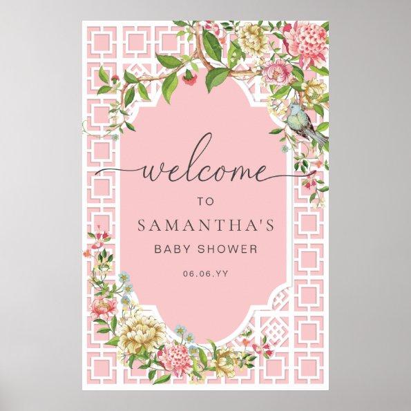Pink Chinoiserie Floral Baby Shower Welcome Sign