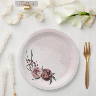 pink cinnamon rose white floral wedding paper plates