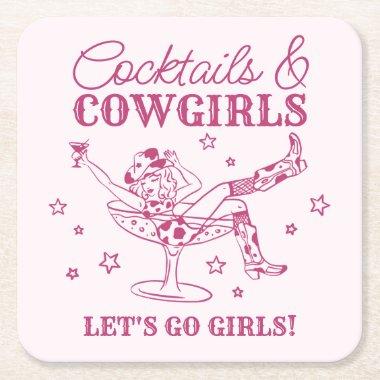 Pink Cocktails and Cowgirls Rodeo Bachelorette Square Paper Coaster