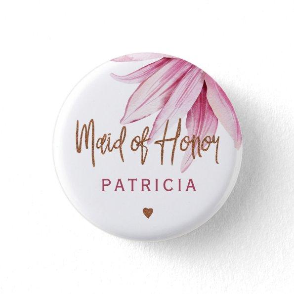 Pink copper script bridal shower maid of honor button