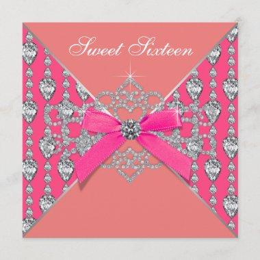 Pink Coral Diamonds Coral Sweet 16 Birthday Party Invitations