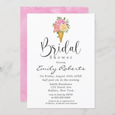 Pink Coral Yellow Ice Cream Cone Bridal Shower Invitations