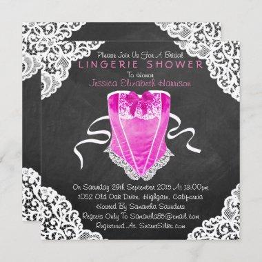 Pink Corset White Lace Chalkboard Lingerie Shower Invitations