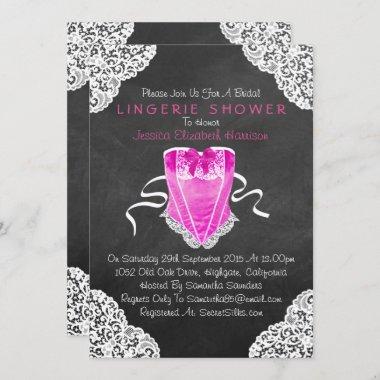 Pink Corset White Lace Chalkboard Lingerie Shower Invitations