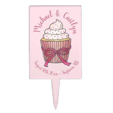 Pink Cupcake Bow Sprinkles Wedding Bridal Shower Cake Topper