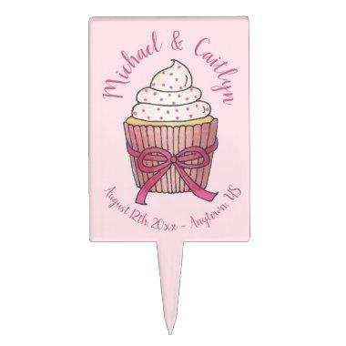 Pink Cupcake Bow Sprinkles Wedding  Cake Topper