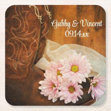 Pink Daisies Country Boots Country Western Wedding Square Paper Coaster