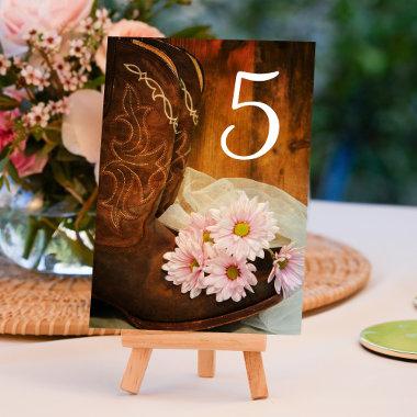 Pink Daisies Cowboy Boots Country Western Wedding Table Number