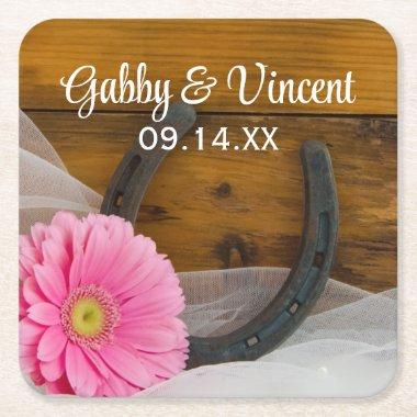 Pink Daisy and Horseshoe Country Western Wedding Square Paper Coaster
