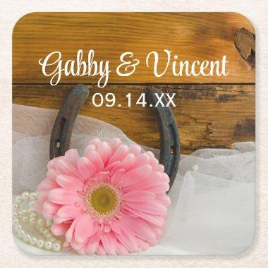 Pink Daisy Pearls Horseshoe Western Wedding Square Paper Coaster